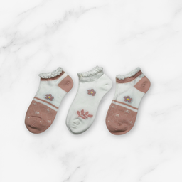 [10155] - 3 Pairs Women’s Cotton Blend Low-Cut Ankle Socks – Breathable Floral/Shape Motifs 
