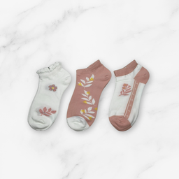 [10155] - 3 Pairs Women’s Cotton Blend Low-Cut Ankle Socks – Breathable Floral/Shape Motifs 