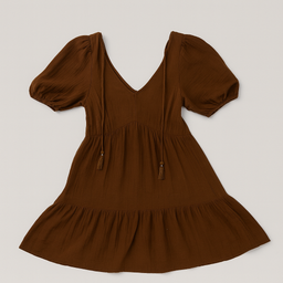 Vestido corto marrón con escote en V y mangas abullonadas - Size S