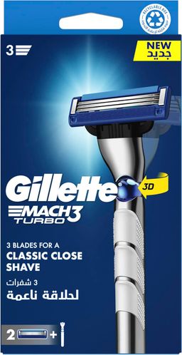 Gilette Mach3 Turbo 3D Razor Handle + 2 Blades