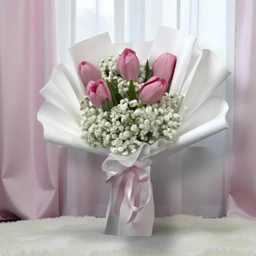 5 Pink Tulips & Baby's Breath