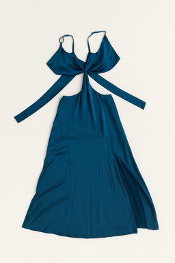 Vestido satinado azul con lazo y abertura - Size M