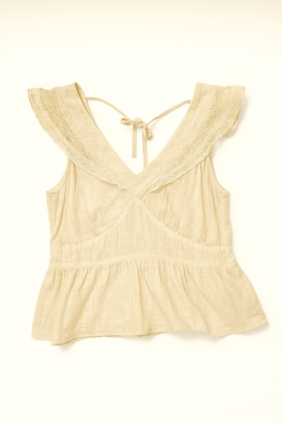 Top beige con escote en V y detalle tejido - Size M