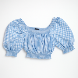 Top azul de cuadros con mangas abullonadas - Size M