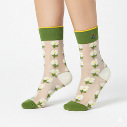 [20008] - 3 Pairs Women’s Sheer High-Cut Crew Socks – Breathable Floral/Love Motifs