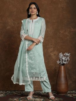 Women Embroidered Straight Kurta With Trousers & Dupatta