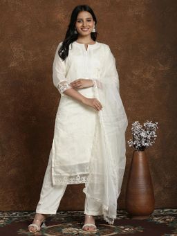 Women Embroidered Straight Kurta With Trousers & Dupatta
