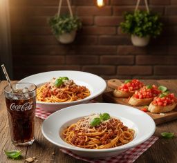 2 Boloñesa + Bruchetta + Cocacola