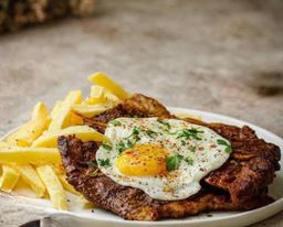 200g Sirloin Steak, Egg and Chips 