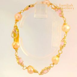 Classic White Pearl Bracelet with Hand-Wrapped Copper K9 Crystal Soft Pink Clover