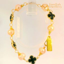 Classic White Pearl Bracelet with Hand-Wrapped Copper K9 Crystal Black Clover