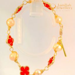 Classic White Pearl Bracelet with Hand-Wrapped Copper K9 Crystal Cherry Red Clover