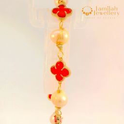 Classic White Pearl Bracelet with Hand-Wrapped Copper K9 Crystal Cherry Red Clover