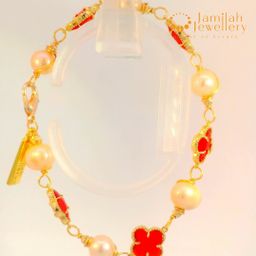 Classic White Pearl Bracelet with Hand-Wrapped Copper K9 Crystal Cherry Red Clover