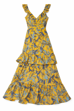 Vestido Largo Amarillo Estampado con Volantes y Escote en V - Size L