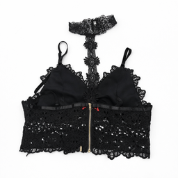 Top Negro de Encaje con Gargantilla y Espalda Decorativa - Size L