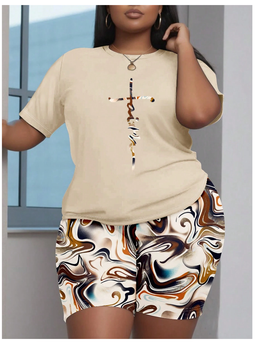 Khaki Prayer Slogan Wavy Print T-Shirt And Shorts