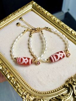 Pinkish Red God of Wealth Dzi + Freshwater Pearl Stacker Bracelet (PWP Exclusive)