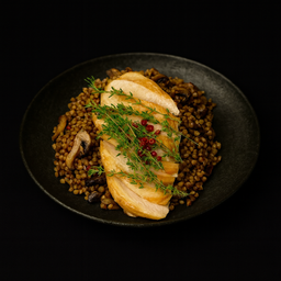 Грудка запеченная со свежими травами на зеленой гречке с грибами