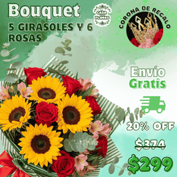 Bouquet 5 girasoles y 6 rosas