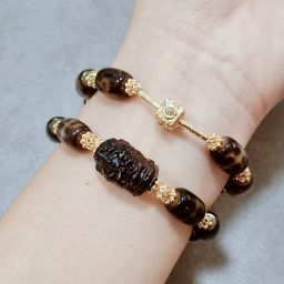 Black Gold Benefactors Dzi Stacker Bracelet with Blessed Mahakala Carving