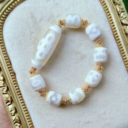 White 5 Eye Lightning Dzi Wealth & Blessings Bracelet (Matte Old Collection Piece)