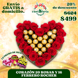 Corazón 20 rosas y 16 Ferrero