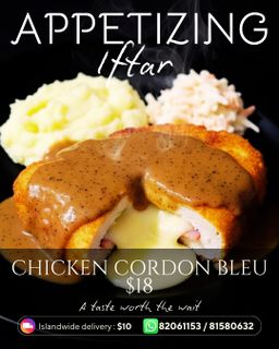 Chicken Cordon Bleu served with mashed potatoes and coleslaw