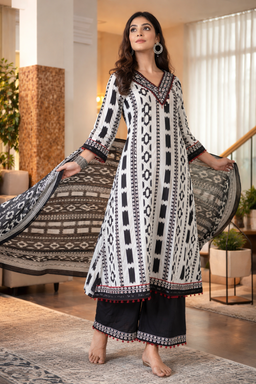 Elegant Black & White Printed Suit Set