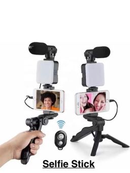 Phone Vlog Video Kit With Adjustable Tripod Stabilizer - Black 