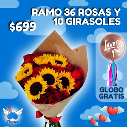 Ramo 36 rosas y 10 girasoles