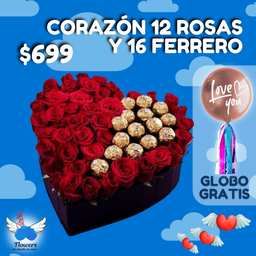 Corazón 12 rosas y 16 Ferrero