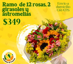 Ramo 12 rosas, 2 girasoles y astromelias