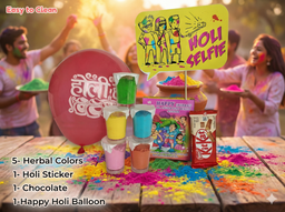 Holi Gift Hamper - 5 Color Herbal Gulal (Pink, Blue, Orange, Green, Yellow) with Chocolate & Balloon