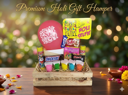 Holi Gift Hamper - 5 Color Herbal Gulal (Pink, Blue, Orange, Green, Yellow) with Chocolate & Balloon