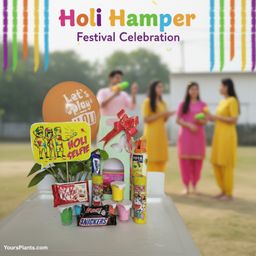 Holi Gift Hamper - 5 Color Herbal Gulal (Pink, Blue, Orange, Green, Yellow) with Chocolate & Balloon