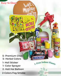 Holi Gift Hamper - 5 Color Herbal Gulal (Pink, Blue, Orange, Green, Yellow) with Chocolate & Balloon