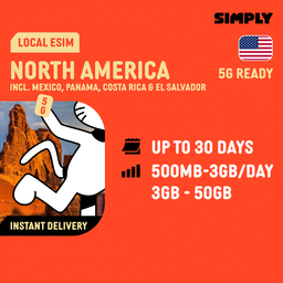 SIMPLY North America eSIM | Up to 30 Days - Daily 500MB-3GB + Unlimited Data
