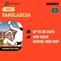 SIMPLY Bangladesh eSIM | Up to 30 Days - Total 3GB-50GB + Unlimited Data
