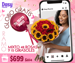 Mixto 48 rosas y 15 girasoles