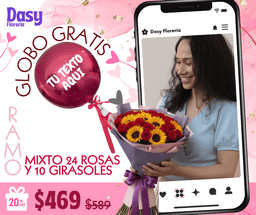 Mixto 24 rosas y 10 girasoles