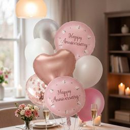 Happy Anniversary Balloon Decoration - Premium Rose Gold, Pink, and Silver Balloon Bouquet 