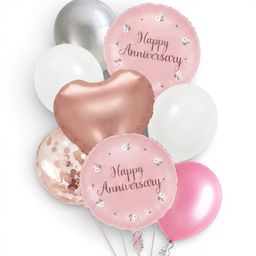 Happy Anniversary Balloon Decoration - Premium Rose Gold, Pink, and Silver Balloon Bouquet 