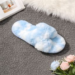 Ladies Two Tone Crossover Fluffy Slider - Blue