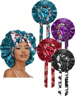 Ethnic Print Long Ribbon Satin Sleep Cap, Bow Tie Headscarf Hat, Chemotherapy Cap, Beauty and Hairdressing Hat