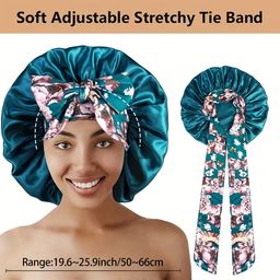 Ethnic Print Long Ribbon Satin Sleep Cap, Bow Tie Headscarf Hat, Chemotherapy Cap, Beauty and Hairdressing Hat