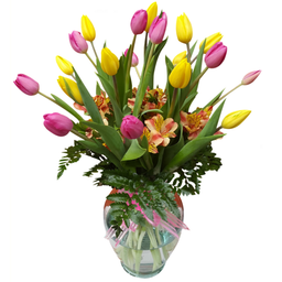 Arreglo de tulipanes amarillos y rosas 20 piezas