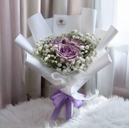 3 Fresh Purple Roses with Baby Breath Bouquet