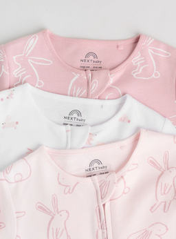Pink Bunny Two Way Zip Baby Sleepsuits 3 Pack | Next
