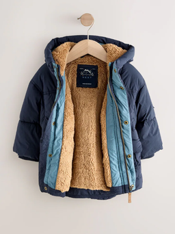Navy Borg Lined Padded Shower Resistant Coat | Next